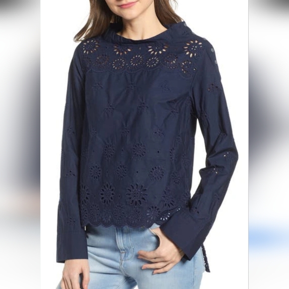 J.Crew Funnelneck Eyelet Shirt Navy Blue Size 4 - Picture 1 of 6